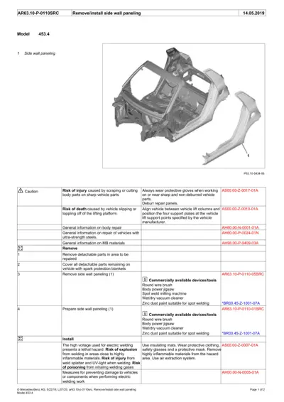 Exploded view of side wall paneling component with numbered callouts and service procedure table.