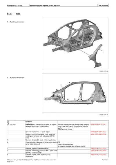 Technical diagram of A-pillar outer section with numbered callouts and labeled zones A-E on vehicle body