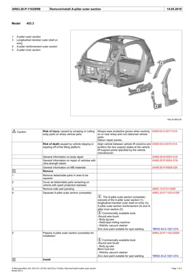 Exploded diagram of A-pillar outer section assembly with 5 labeled parts and service procedure table.