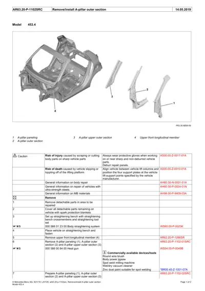 Exploded diagram showing A-pillar assembly components 1-4 with service procedure steps and safety warnings.