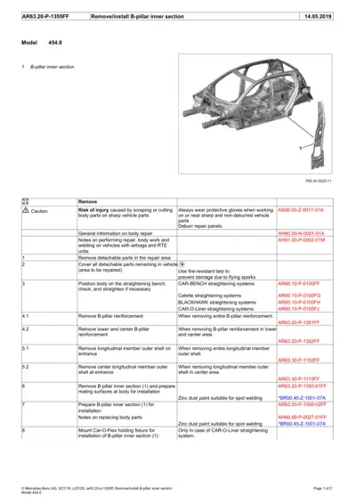 Technical diagram of B-pillar inner section component for Smart Fortwo 454 with numbered callout and removal steps table.