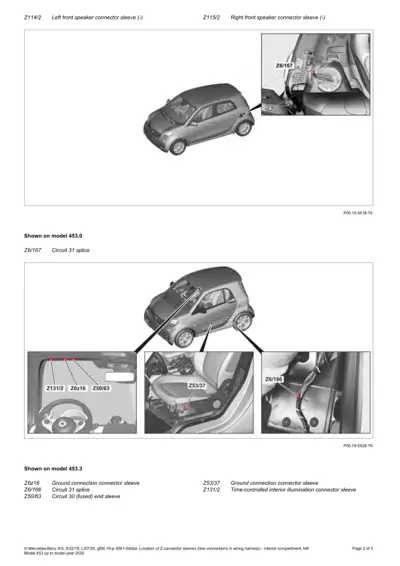Wiring diagram showing speaker connectors and ground points on Fortwo 453 left and right front.