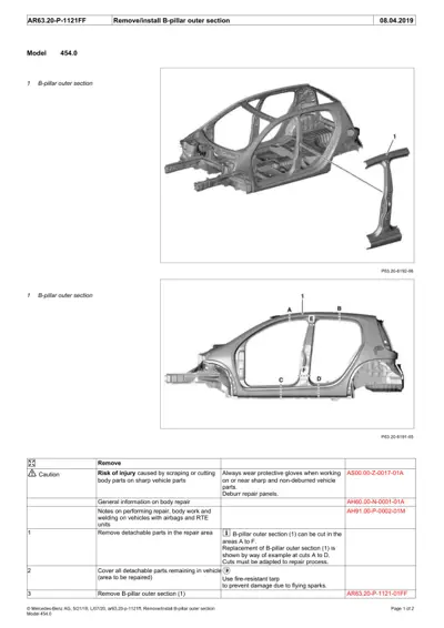 Exploded view and side profile of B-pillar outer section with cut locations marked A through F.