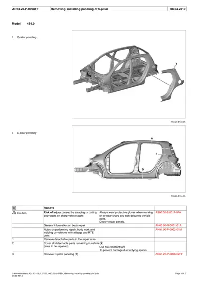 Technical diagram of C-pillar paneling components and removal points on smart fortwo 454.0