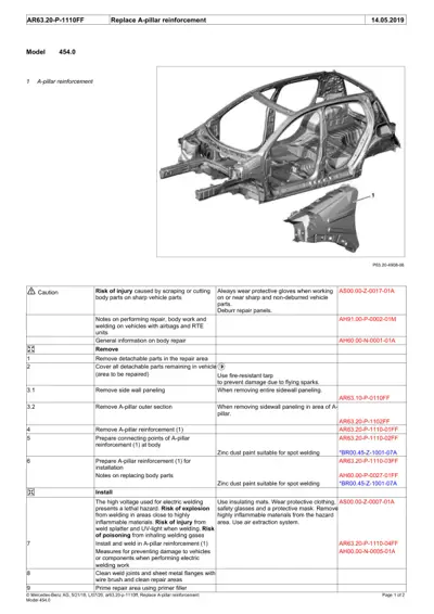 Car body frame with detached A-pillar reinforcement component labeled 1.