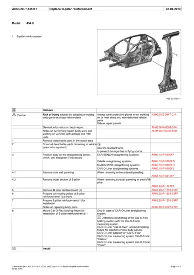 Service manual page showing B-pillar reinforcement removal and installation steps for model 454.0