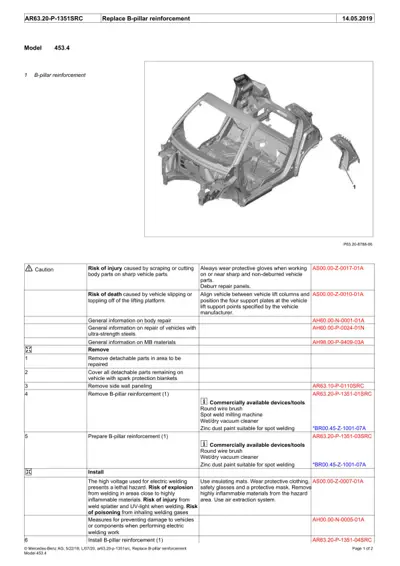 Exploded view of B-pillar reinforcement component and service procedure table with cautions.