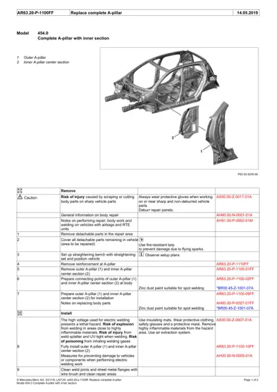 Exploded view of A-pillar outer section and inner center section for Smart 454 model