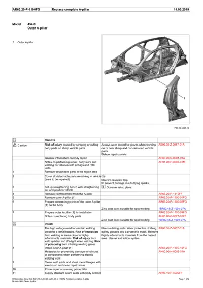 Service manual page showing A-pillar replacement steps, exploded view diagram, and parts callouts for Smart Fortwo 453/454.