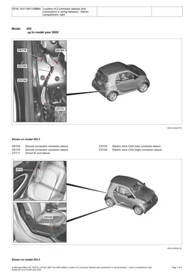Wiring harness connector locations marked with callouts on Smart Fortwo 453 interior and door areas.