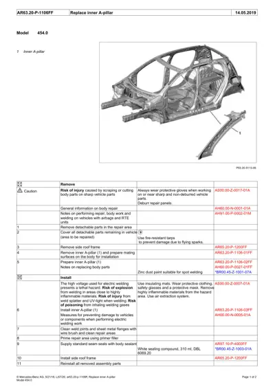 Vehicle body structure diagram with inner A-pillar component highlighted and numbered callout reference.