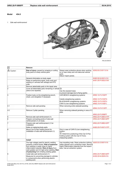 Service procedure table for replacing side wall reinforcement on Smart 454 model with callout diagram.