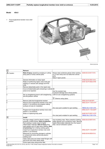 Technical diagram showing front longitudinal member inner shell section with callout markers and repair instructions.