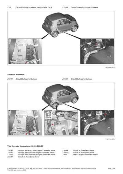 Smart car diagram showing connector sleeve positions with three detail photographs of interior wiring locations.
