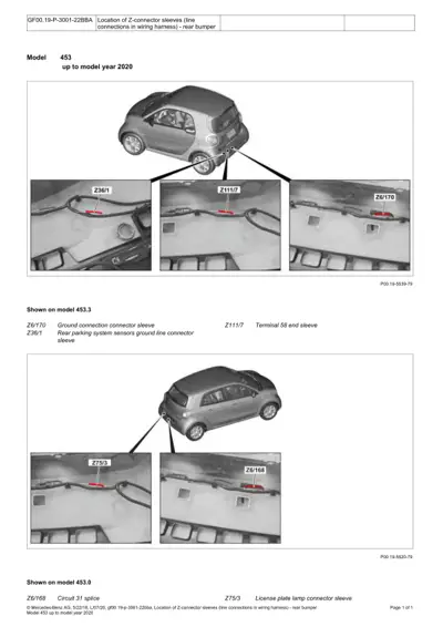 Diagram of Smart Fortwo 453 rear bumper showing three Z-connector sleeve locations labeled Z36/1, Z111/7, and Z6/170.