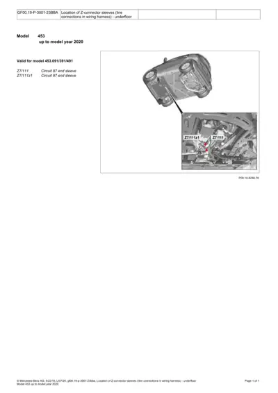 Underfloor wiring diagram showing Z-connector sleeve positions Z7/111 and Z7/111z1 on Smart 453 model.