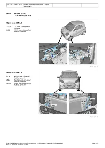 Engine compartment electrical connectors diagram showing X42/37 alarm siren and X99/3, L6/1x1, L6/2x1, X85/18 connectors.