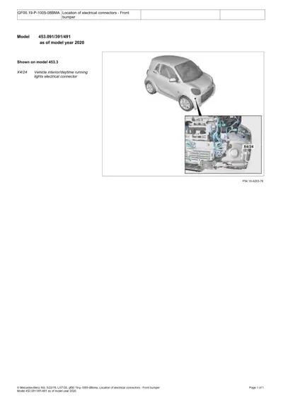 Smart Fortwo 453 front bumper electrical connector location diagram with callout X4/24