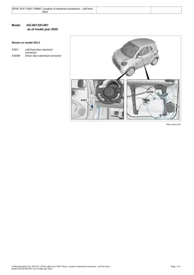Smart Fortwo 453 left front door electrical connectors diagram with numbered callout locations.