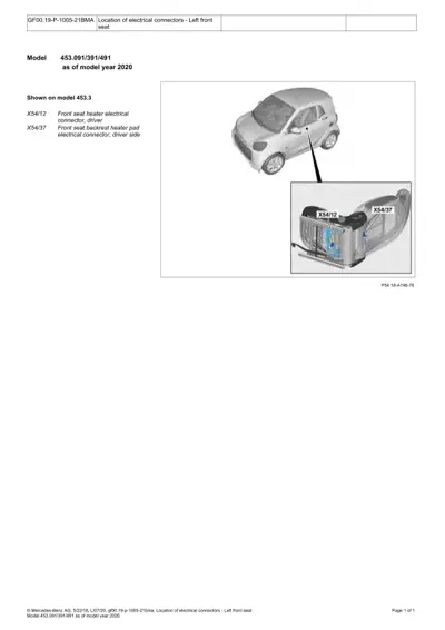 Smart Fortwo 453 left front seat showing electrical connector locations X54/12 and X54/37.