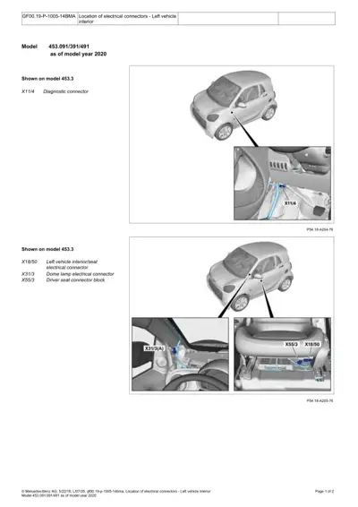 Smart 453 chassis showing diagnostic and seat electrical connector locations in left interior.