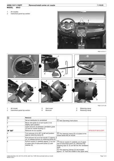 Smart 454 dashboard air nozzle removal diagram with six numbered detail views showing vent cover, remover tool, and retaining clamps.