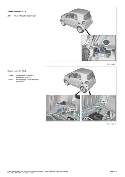 Two Smart cars showing trunk lid connector and rear luggage carrier connector locations with detail closeups.