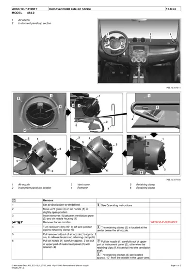 Dashboard air nozzle removal procedure with six detailed step photographs showing nozzle disassembly