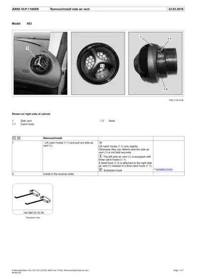 Three photos showing side air vent location, front view with catch hooks, and exploded view of vent assembly with numbered callouts.