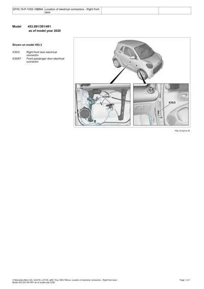 Smart Fortwo 453 right front door electrical connectors X35/2 and X35/67 with detail photos.