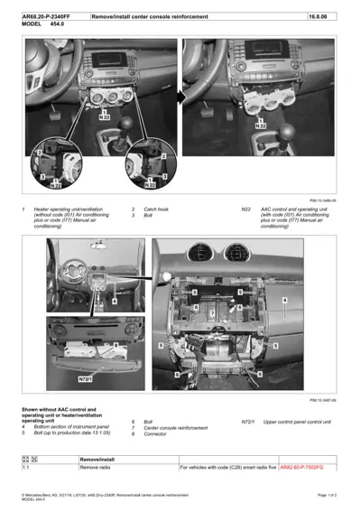 Workshop manual page showing dashboard center console disassembly with numbered callouts and detailed component views.