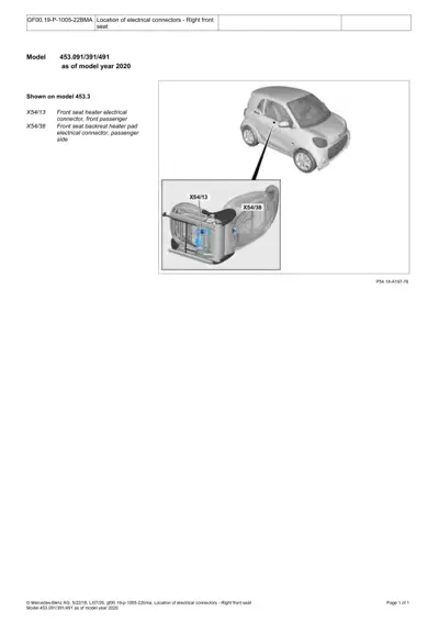 Smart Fortwo 453 right front seat with two electrical connectors labeled X54/13 and X54/38.
