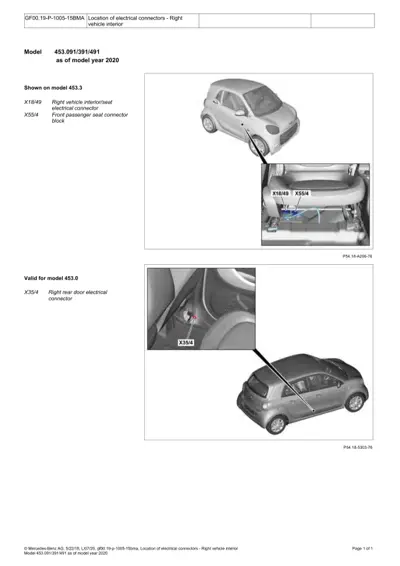 Smart Fortwo 453 right interior electrical connectors at seats and rear door with callout labels.