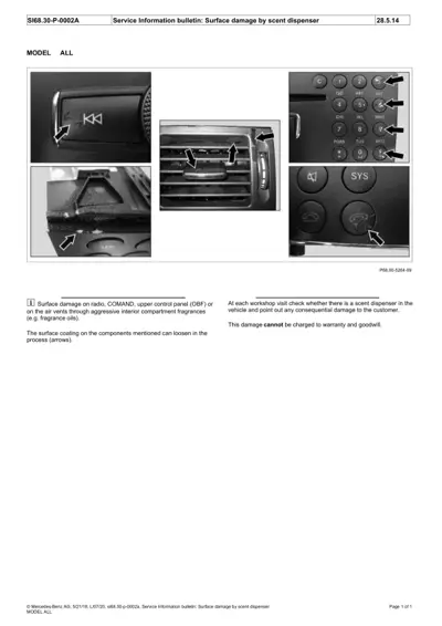 Interior dashboard components showing damage points from aggressive fragrances on radio, control panel, and air vents.