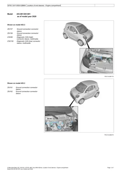 Two diagrams showing connector sleeve locations in engine bay of Smart ForTwo 453.