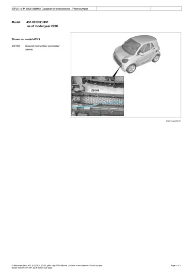 Close-up photo showing ground connector sleeve location beneath front bumper on Smart Fortwo 453