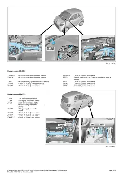 Two Smart Fortwo 453 diagrams showing connector sleeve locations throughout vehicle with labeled part numbers.