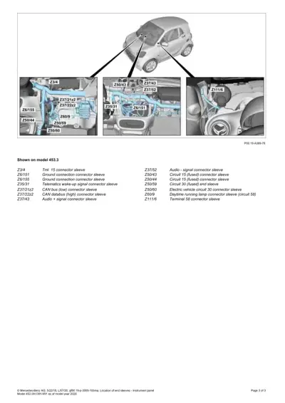 Smart Fortwo 453 connector sleeve locations with labeled callout diagram and reference table.