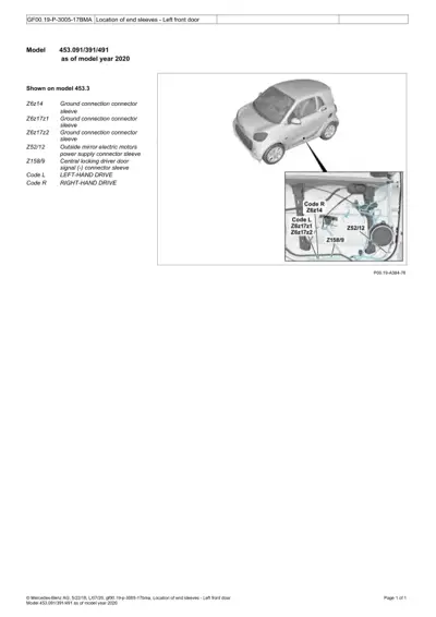 Smart Fortwo 453 left front door wiring connector and ground sleeve locations diagram