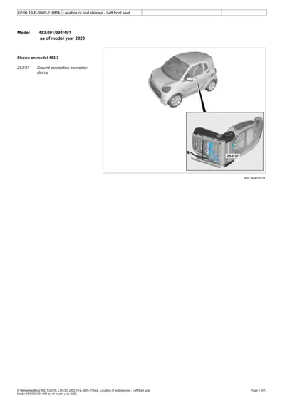 Smart Fortwo 453 left front seat showing ground connection connector sleeve Z53/37 location