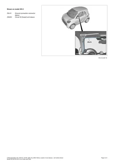 Smart 453 model showing ground connector Z6z16 and fused sleeve Z50/63 at left door interior