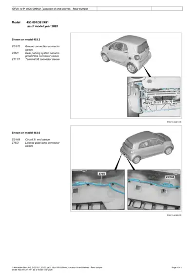 Smart Fortwo 453 rear bumper with labeled connector sleeves Z6/170, Z36/1, Z111/7, Z75/3, and Z6/168 identified on close-up detail photos.