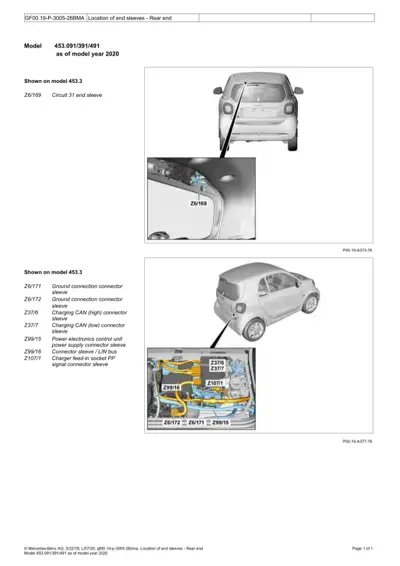 Diagram showing circuit end sleeve Z6/169 and multiple connector sleeves at rear of electric Smart Fortwo 453.