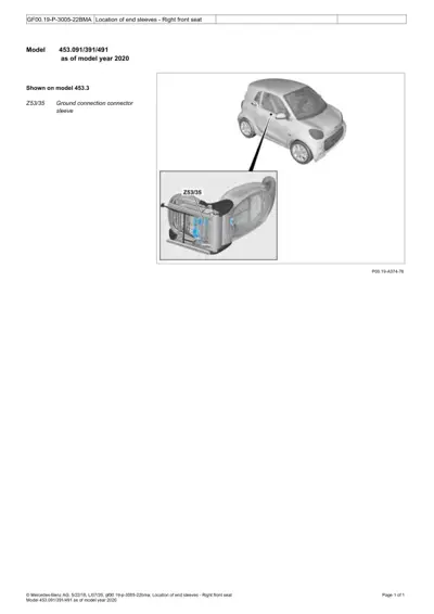 Diagram showing ground connector sleeve location on smart car right front seat with callout label Z53/35.