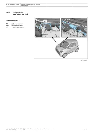 Three engine ground point locations highlighted on smart fortwo with close-up detail views of battery and ABS ground connections.