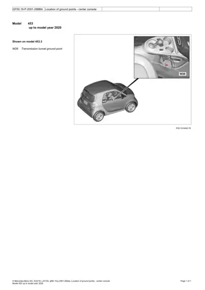 Smart Fortwo 453 showing transmission tunnel ground point W26 location with detail callout of center console.