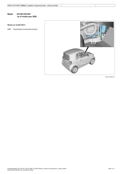 Ground point W26 in transmission tunnel area of smart fortwo 453 interior.