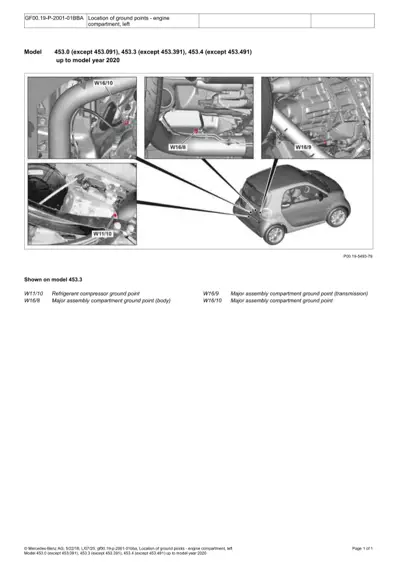 Four engine bay detail photos with labeled ground points W11/10, W16/8, W16/9, W16/10 and isometric vehicle diagram.
