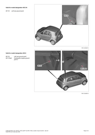 Smart Fortwo 453 rear ground point locations marked on vehicle underside with magnified detail callouts.