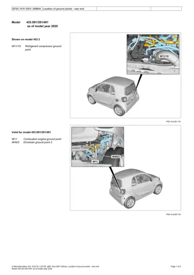 Smart Fortwo 453 rear chassis showing labeled ground point locations W11/10, W11, and W49/2.